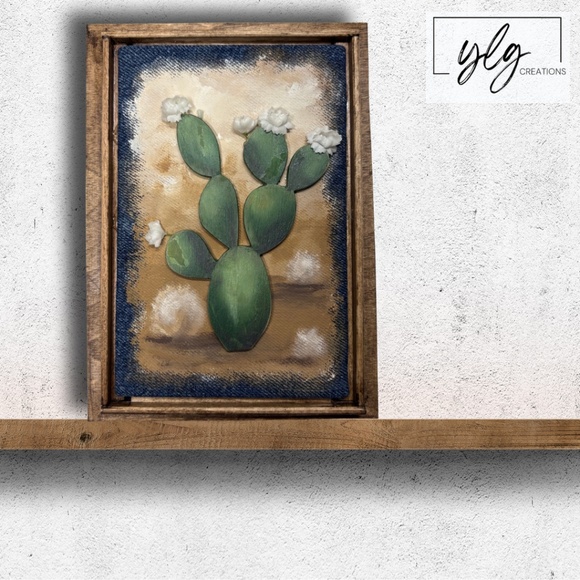 Cactus Mixed Media Wall Art Saguaro Flowers Brown Desert Wood Arizona 6 x 8 - Picture 1 of 7